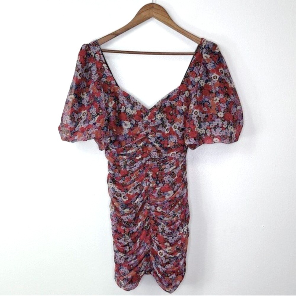 Zara Puff Shoulder Ruched Floral Chiffon Mini Dress Size‎ S Blogger Fav